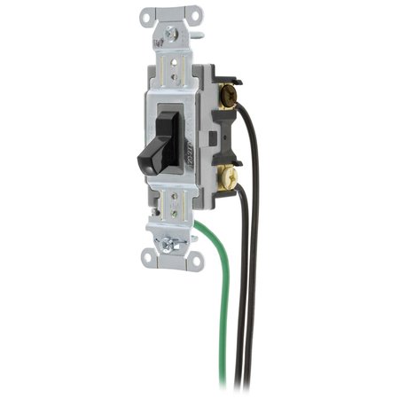 HUBBELL WIRING DEVICE-KELLEMS Spec Grade, Toggle Switches, General Purpose AC, Three Way, 15A 120/277V AC, Back and Side Wired, Pre-Wired with 8" #12 THHN CSL315BK